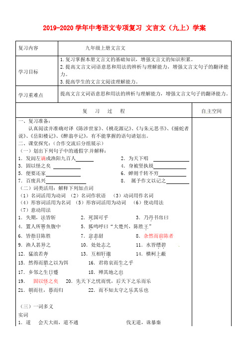 2019-2020学年中考语文专项复习 文言文(九上)学案.doc