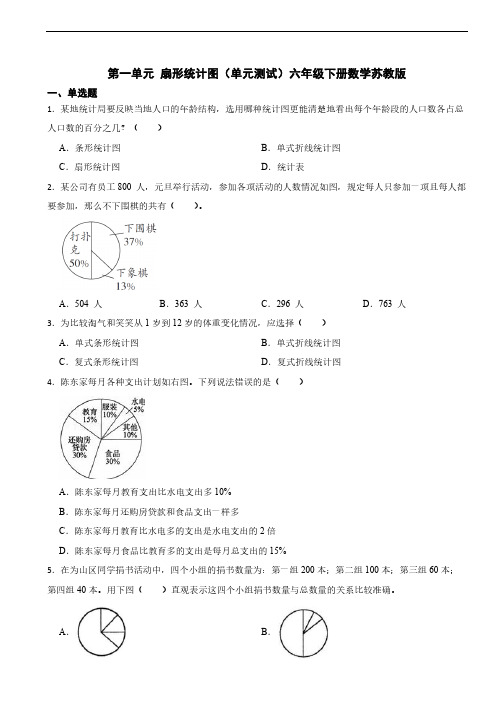 第一单元 扇形统计图(单元测试)(含答案)六年级下册数学苏教版