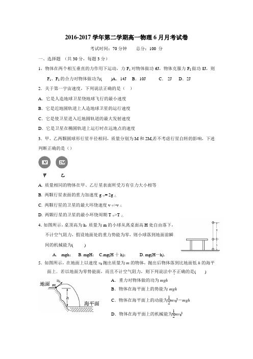 —17学年第二学期高一物理6月月考试卷(附答案)