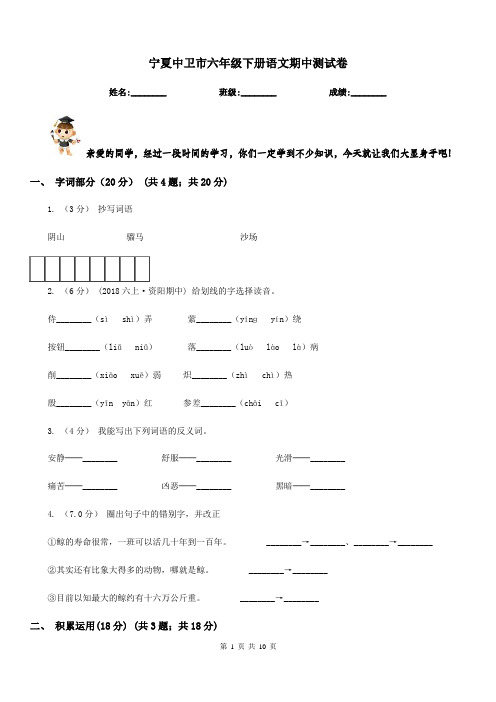 宁夏中卫市六年级下册语文期中测试卷