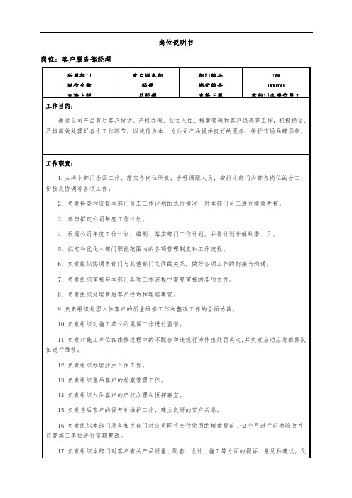 客服部岗位说明书