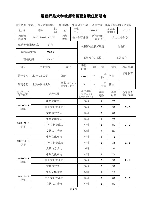 福建师范大学教师高级职务聘任简明表