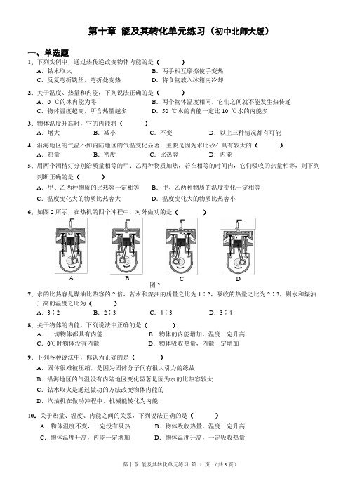 第十章  能及其转化单元练习 (初中物理北师大版)