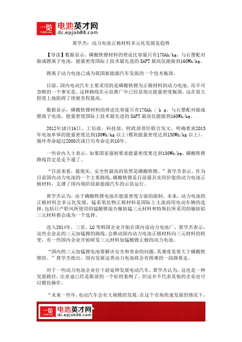 黄学杰：动力电池正极材料多元化发展是趋势