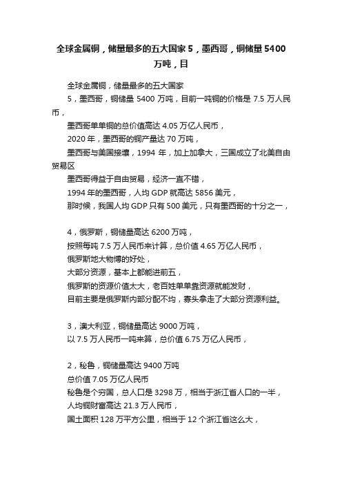 全球金属铜，储量最多的五大国家5，墨西哥，铜储量5400万吨，目