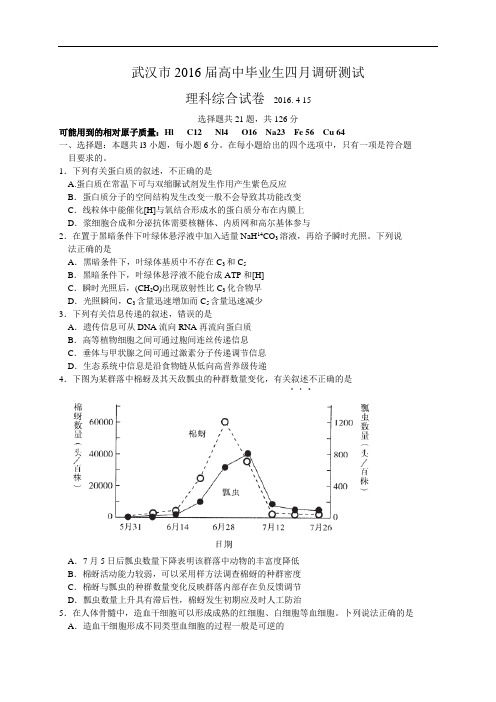 湖北省武汉市2016届高中毕业班四月调研测试理综试题