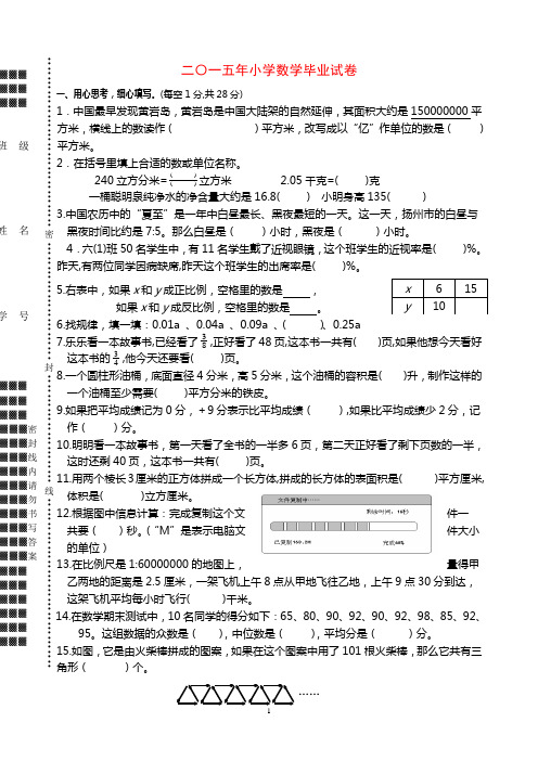 2015——2016最新苏教版小学数学六年级毕业会考精品试卷系列之一(共2份)资料