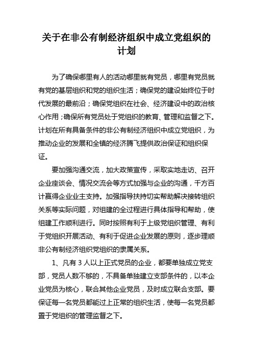 关于在非公有制经济组织中成立党组织的计划