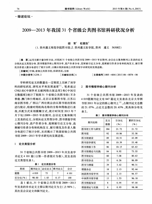 2009-2013年我国31个省级公共图书馆科研状况分析
