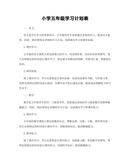 小学五年级学习计划表