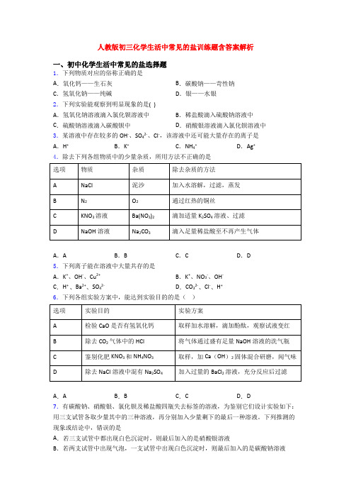 人教版初三化学生活中常见的盐训练题含答案解析