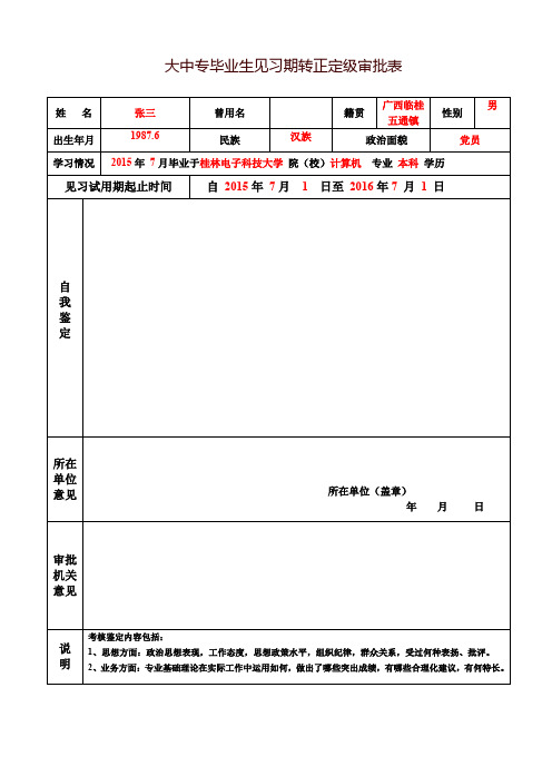 大中专毕业生见习期转正定级审批表