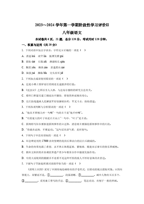 江苏省镇江市区2023-2024学年八年级上学期期末语文试题(含解析)