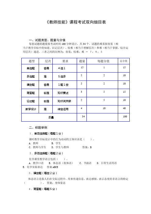 教师技能课程考试双向细目表