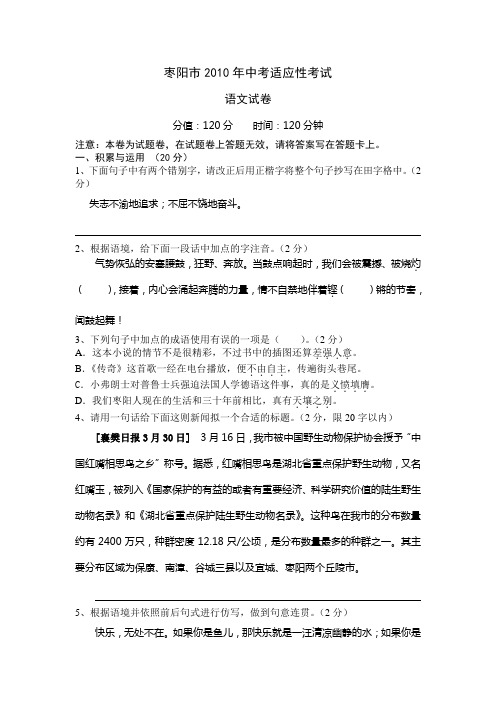 枣阳市2010年中考适应性考试试题及答案