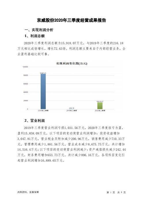 京威股份2020年三季度经营成果报告