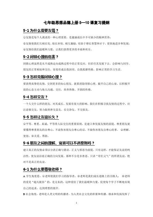鲁教版七年级思想品德上册5-10课复习提纲