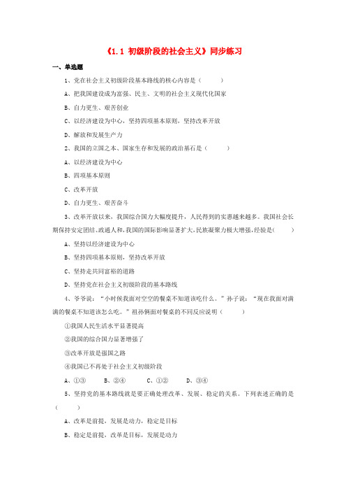 九年级政治第一单元认识国情了解制度1.1初级阶段的社会主义同步练习粤教版