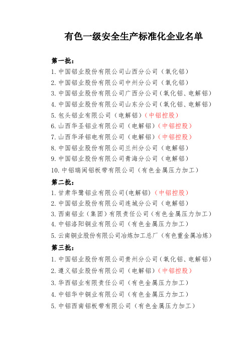 有色一级安全生产标准化企业名单