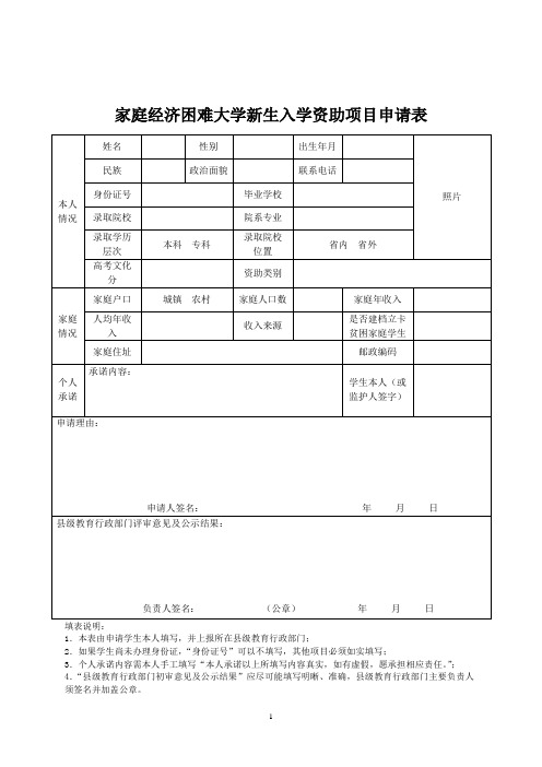 家庭经济困难大学新生入学资助项目申请表