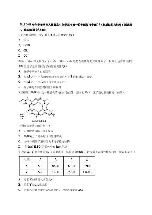 2018-2019学年春季学期人教版高中化学高考第一轮专题复习专题12《物质结构与性质》测试卷(含答案解析版)