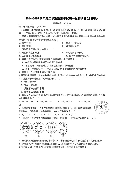 2014-2015学年第二学期期末考试高一 生物试卷(含答案)