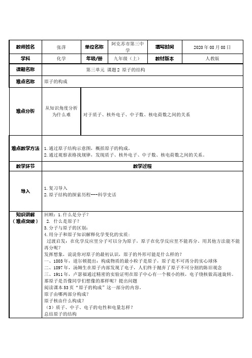 原子的结构 初中九年级化学教案教学设计课后反思 人教版