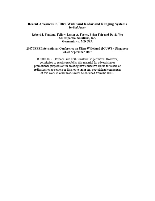 2007.09    Recent Advances in Ultra Wideband Radar and Ranging Systems