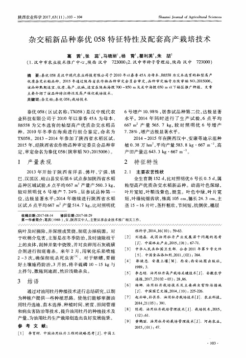 杂交稻新品种泰优058特征特性及配套高产栽培技术