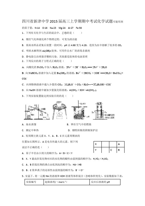 四川省新津中学2015届高三上学期期中考试化学试题