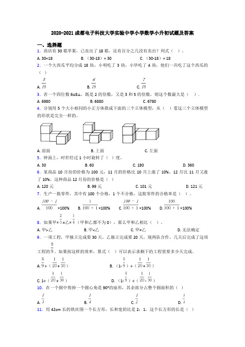 2020-2021成都电子科技大学实验中学小学数学小升初试题及答案