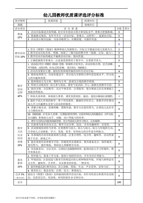 幼儿园教师优质课评分表