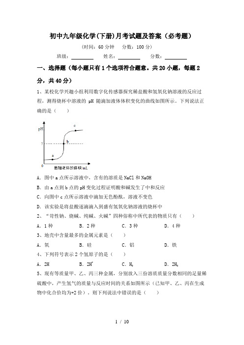 初中九年级化学(下册)月考试题及答案(必考题)