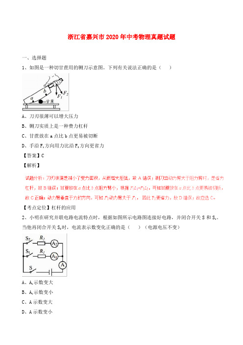 浙江省嘉兴市2020年中考物理真题试题(含解析)