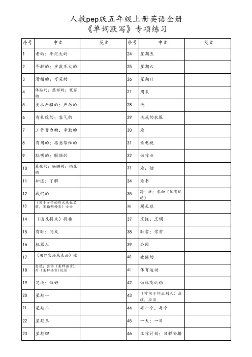 人教pep版五年级上册英语全册《单词默写》专项练习