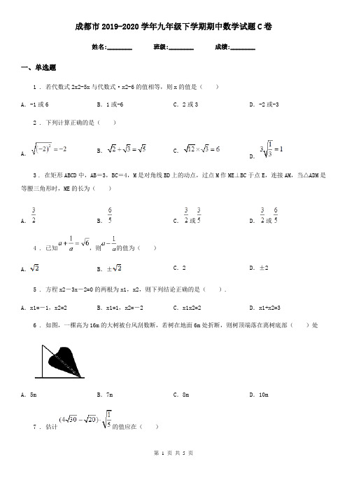 成都市2019-2020学年九年级下学期期中数学试题C卷