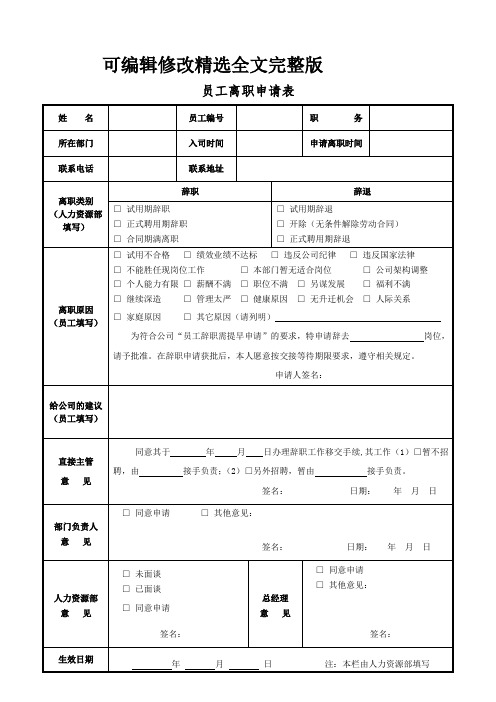 员工离职申请表(模板)精选全文完整版