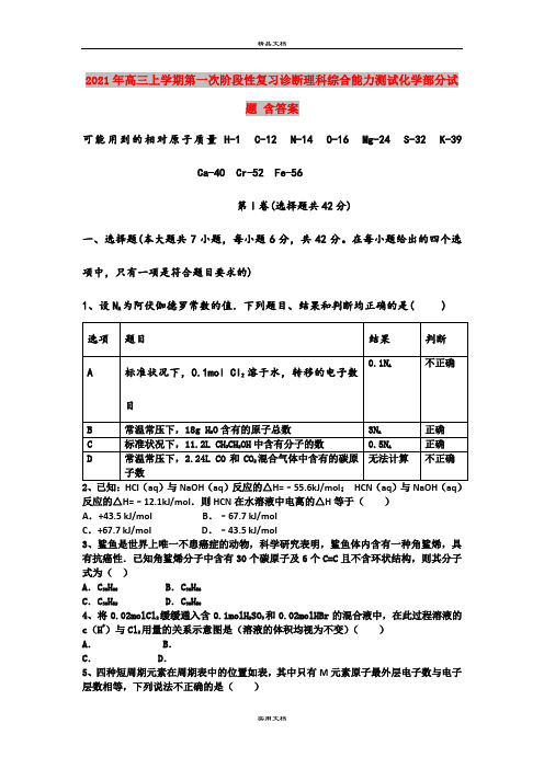 2021年高三上学期第一次阶段性复习诊断理科综合能力测试化学部分试题 含答案
