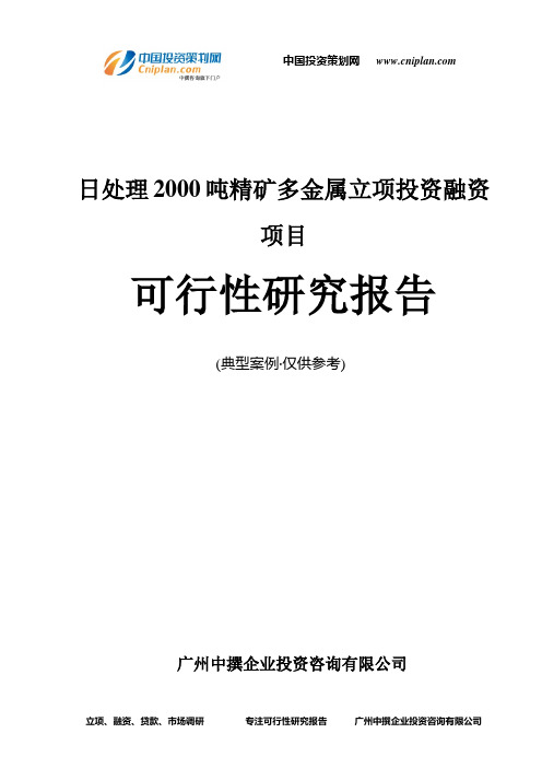 日处理2000吨精矿多金属融资投资立项项目可行性研究报告(中撰咨询)