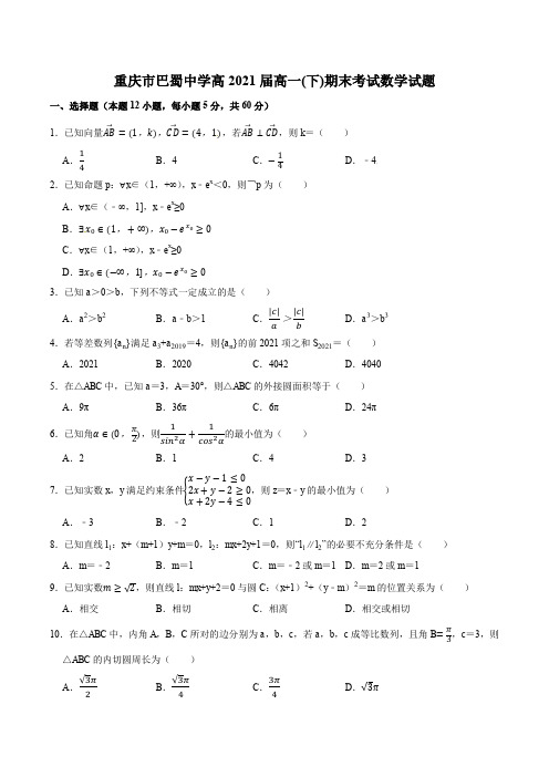 重庆市巴蜀中学2018-2019学年高一下学期末考试数学试题