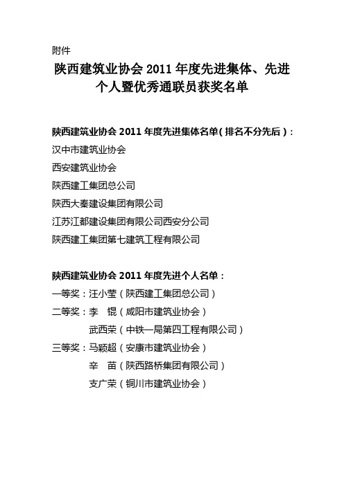 陕西建筑业协会2011年度先进集体、先进个人暨优秀通联员的表彰公示