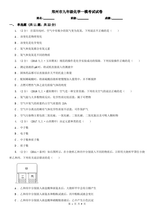 郑州市九年级化学一模考试试卷