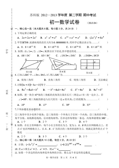 苏科版 2012—2013学年度 第二学期 期中数学考试卷