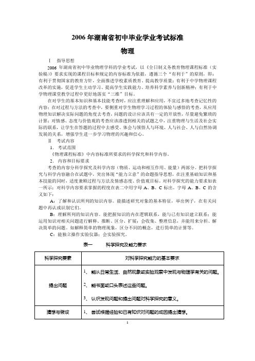 2006年湖南省初中毕业学业考试标准物理