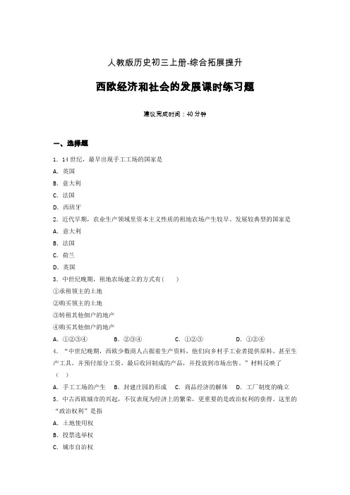 【课时练】新人教版初三历史上册13-西欧经济和社会的发展课时练习题 (7)