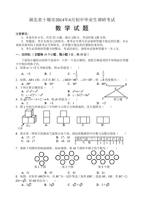 湖北省十堰市2014年4月初中毕业生调研考试数学试卷(word含答案)