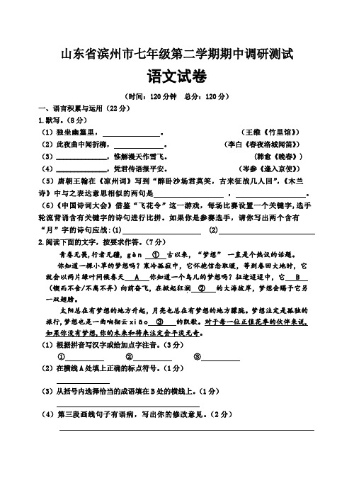 山东省滨州市七年级下学期期中语文试题及答案