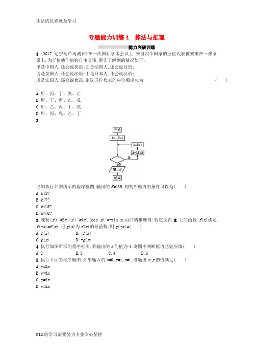 [推荐学习]新课标2018届高考数学二轮复习专题一集合逻辑用语不等式向量复数算法推理专题能力训练4算
