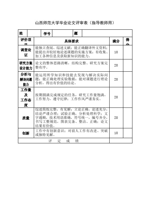山西师范大学毕业论文评审表(指导教师用)