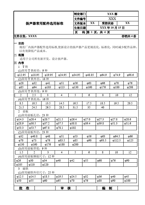 扬声器常用配件选用标准
